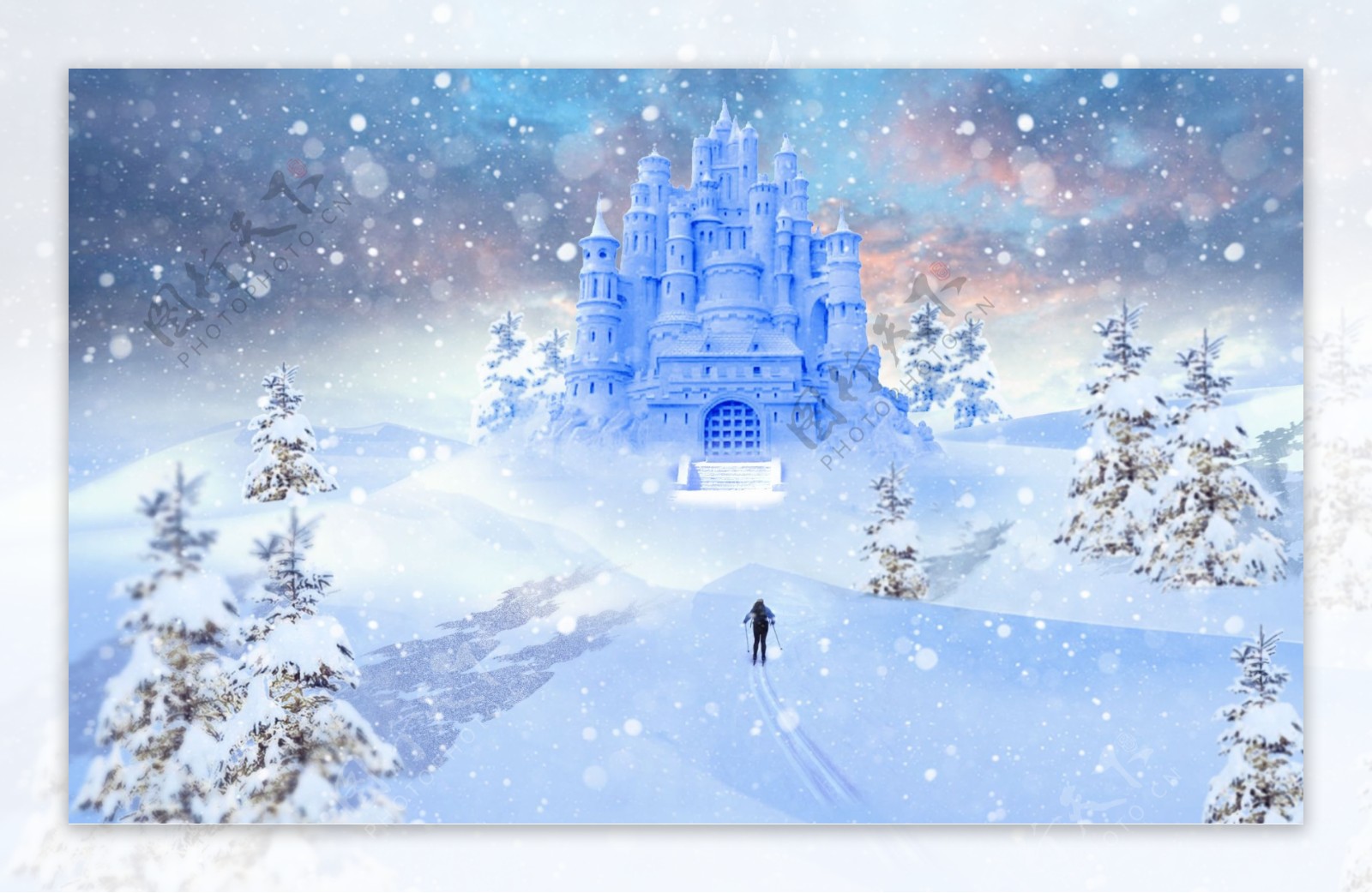 蓝色浪漫城堡冬季雪景合成图片的PSD文件