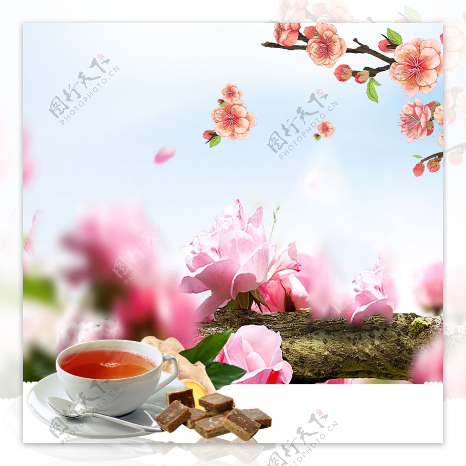 粉色花朵茶文化背景主图设计