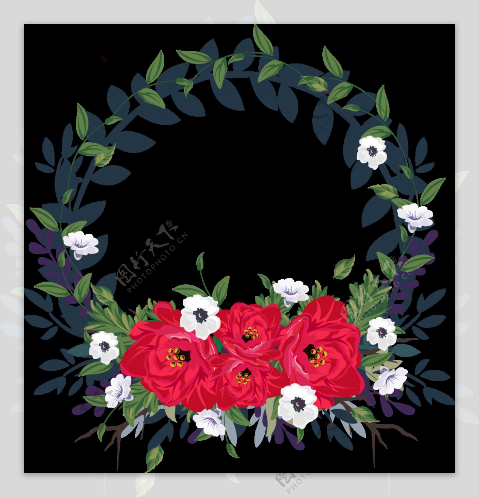 热烈明媚大红色玫瑰花手绘花环装饰元素