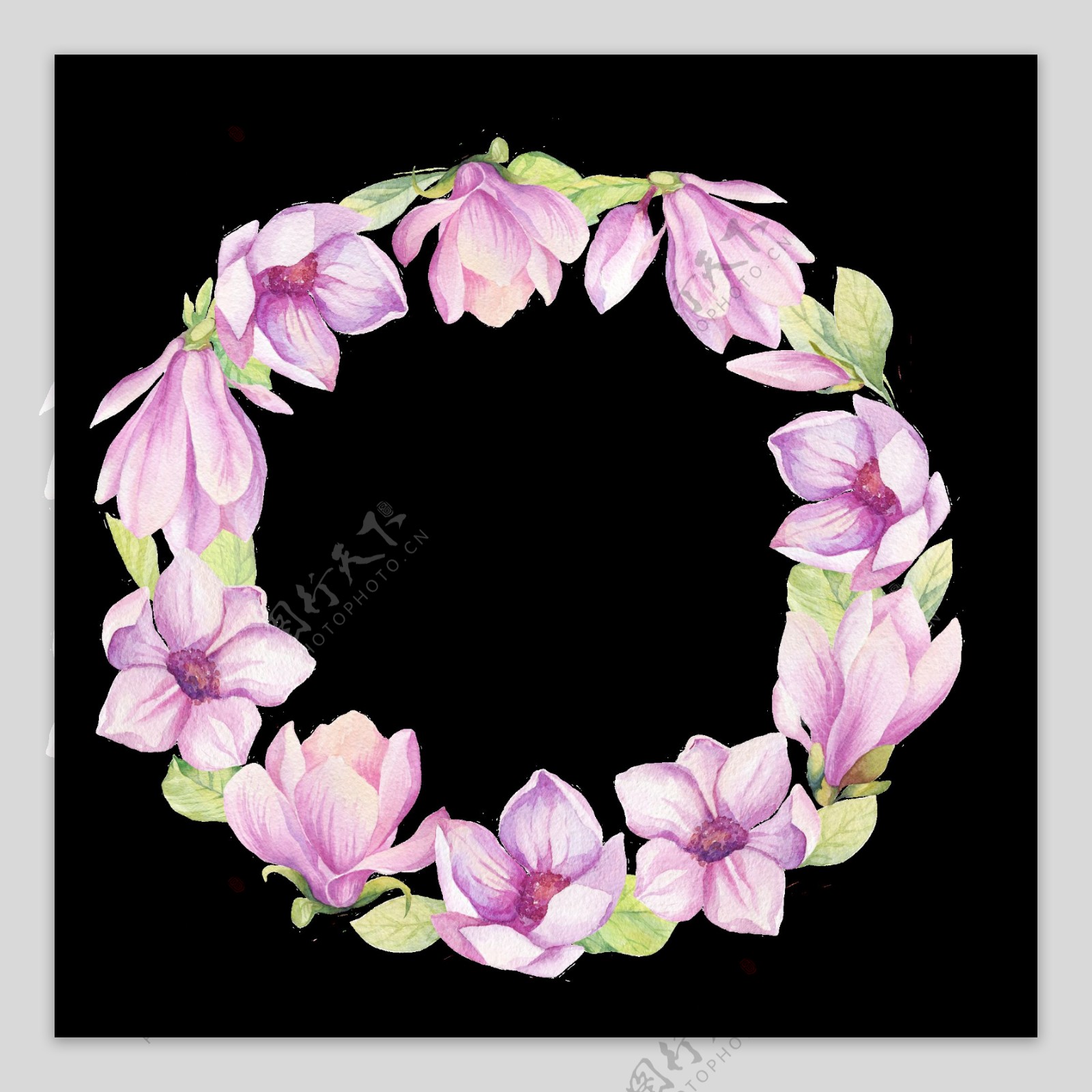 淡雅紫粉色莲花手绘花环装饰元素
