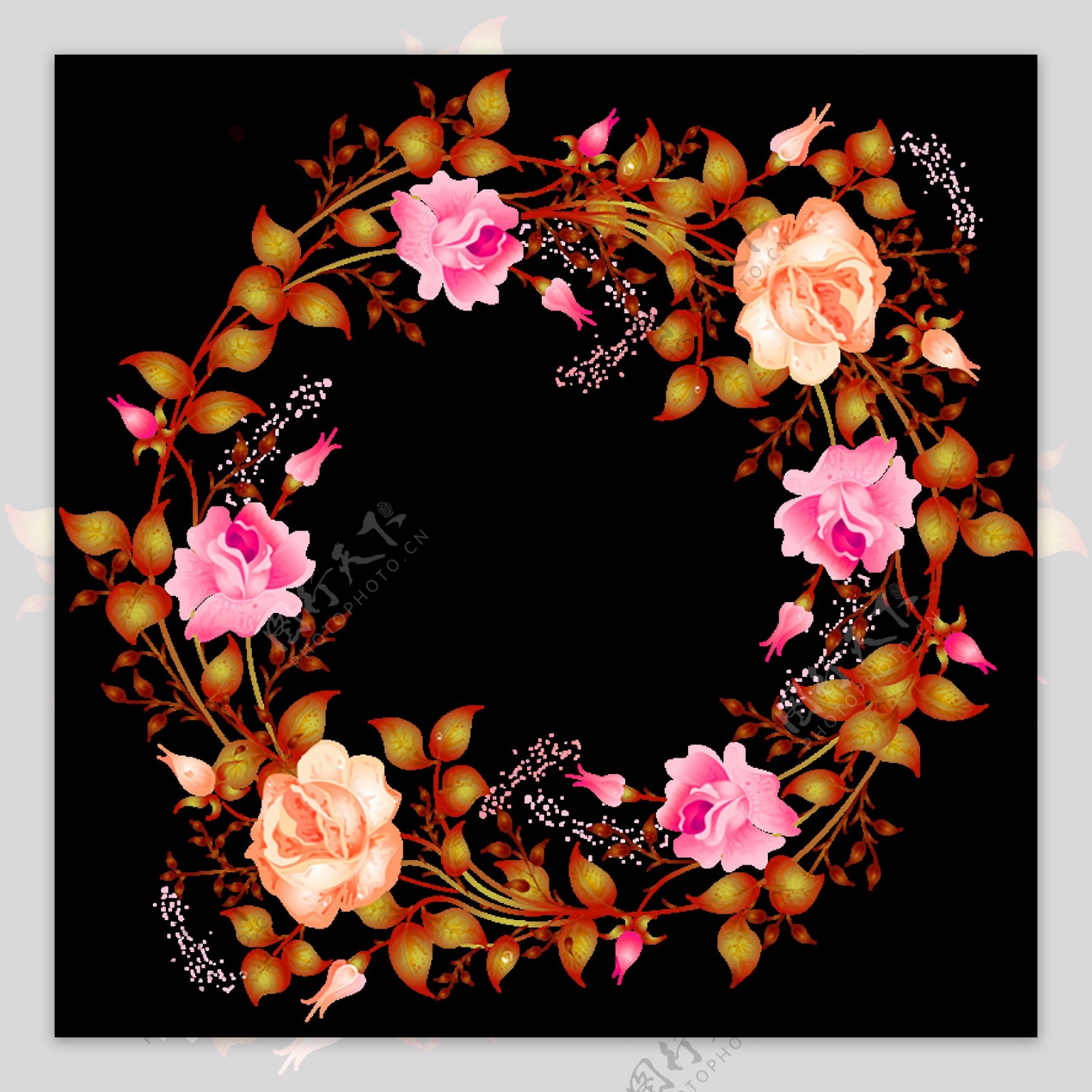 深粉色盛开玫瑰花手绘花环装饰元素