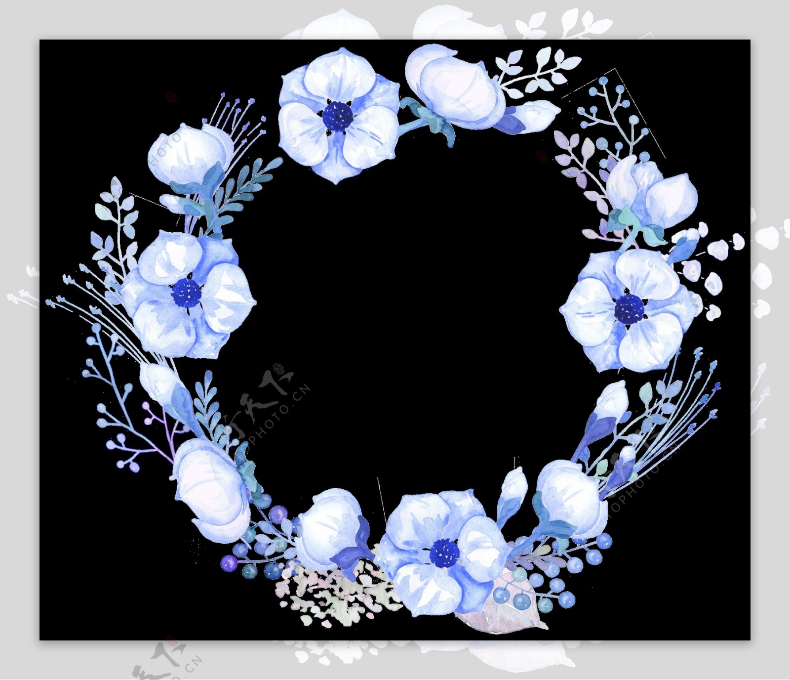 清新蓝色雅致小花手绘花环装饰元素