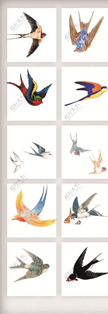 各式燕子飞翔花朵插画元素