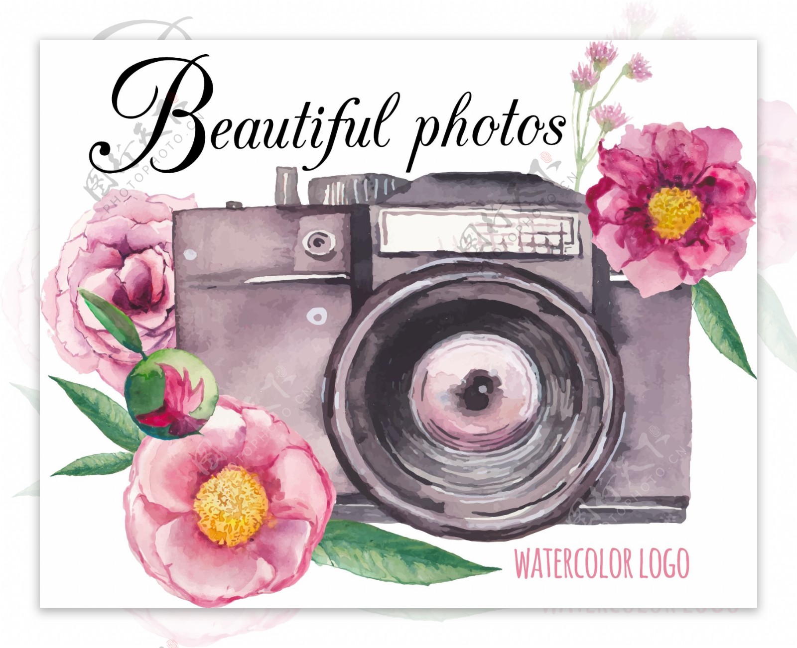 水彩绘相机和花朵插画