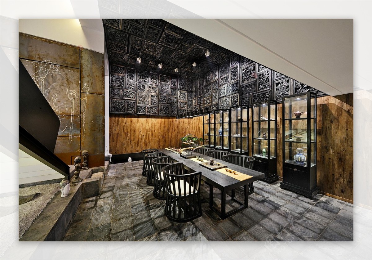 简约餐厅灰色方块地板砖工装效果图