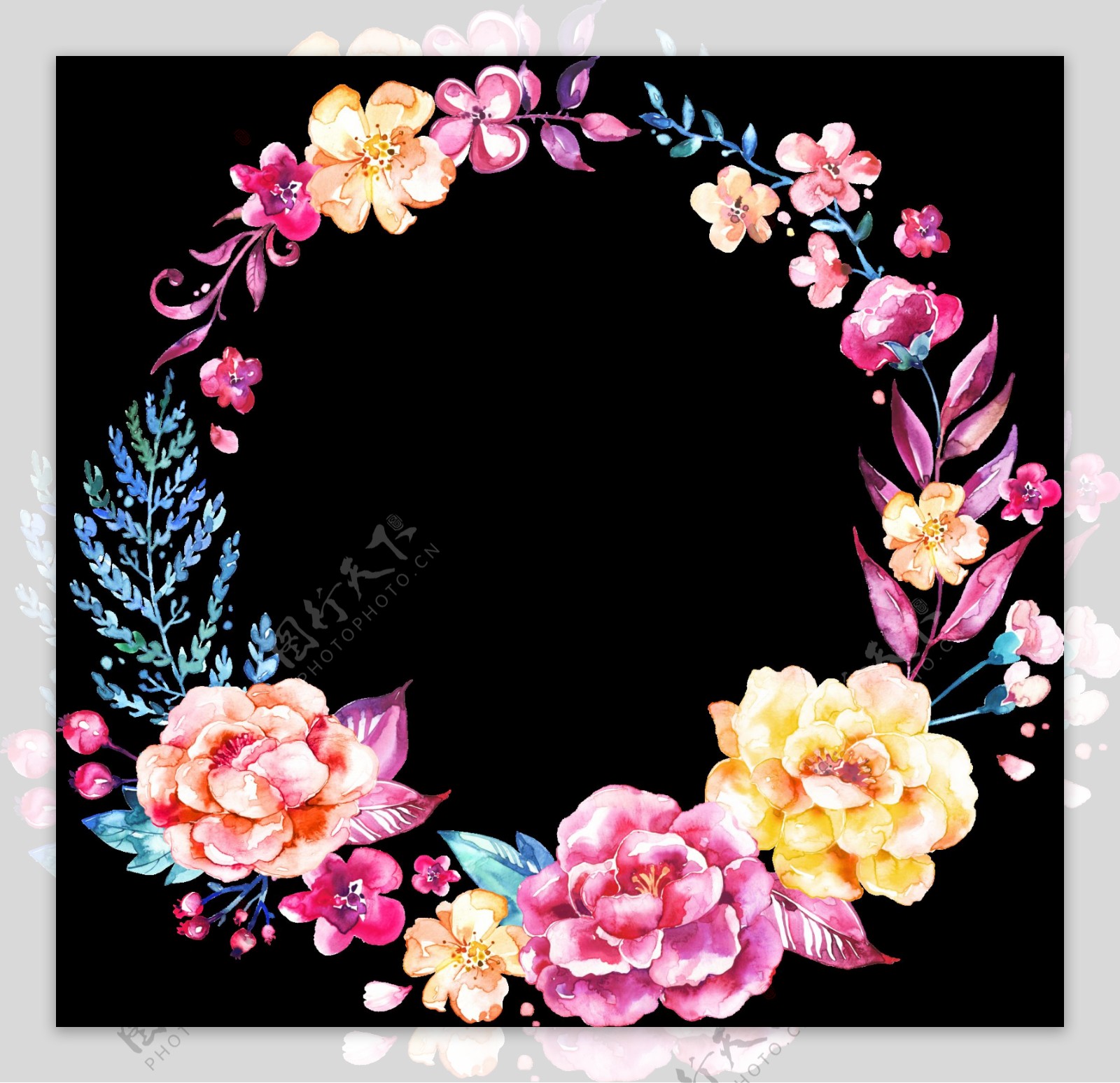 鲜艳花束手绘花环装饰图案