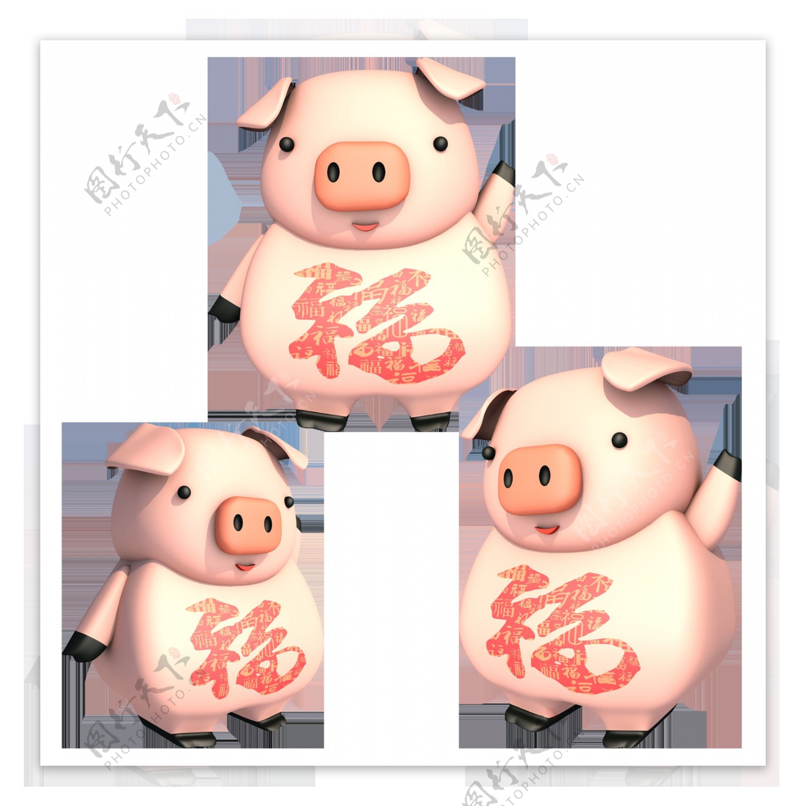 立体3d质感可爱卡通大猪百字福装饰图案