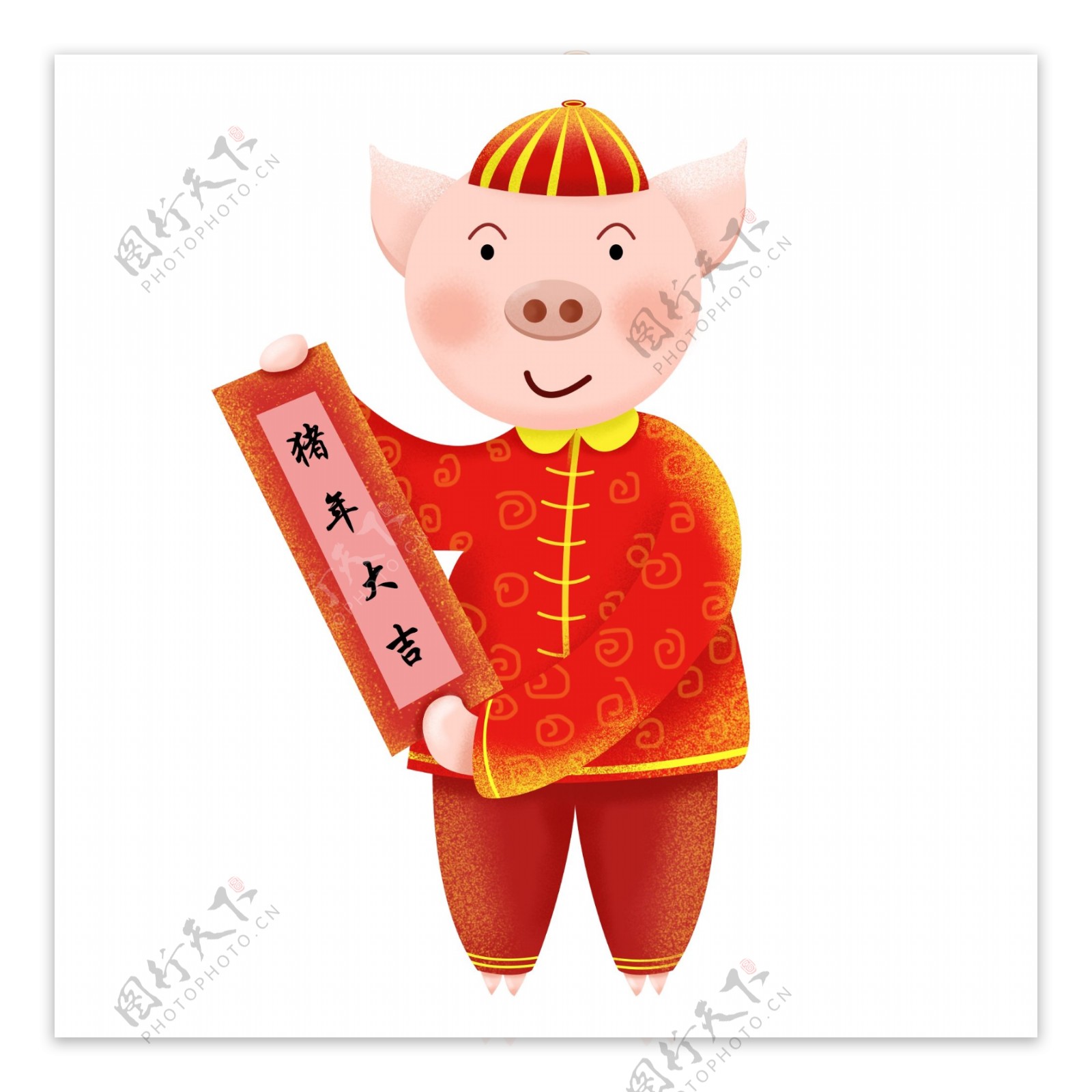 手绘新年大吉对联猪形象小插画可商用元素