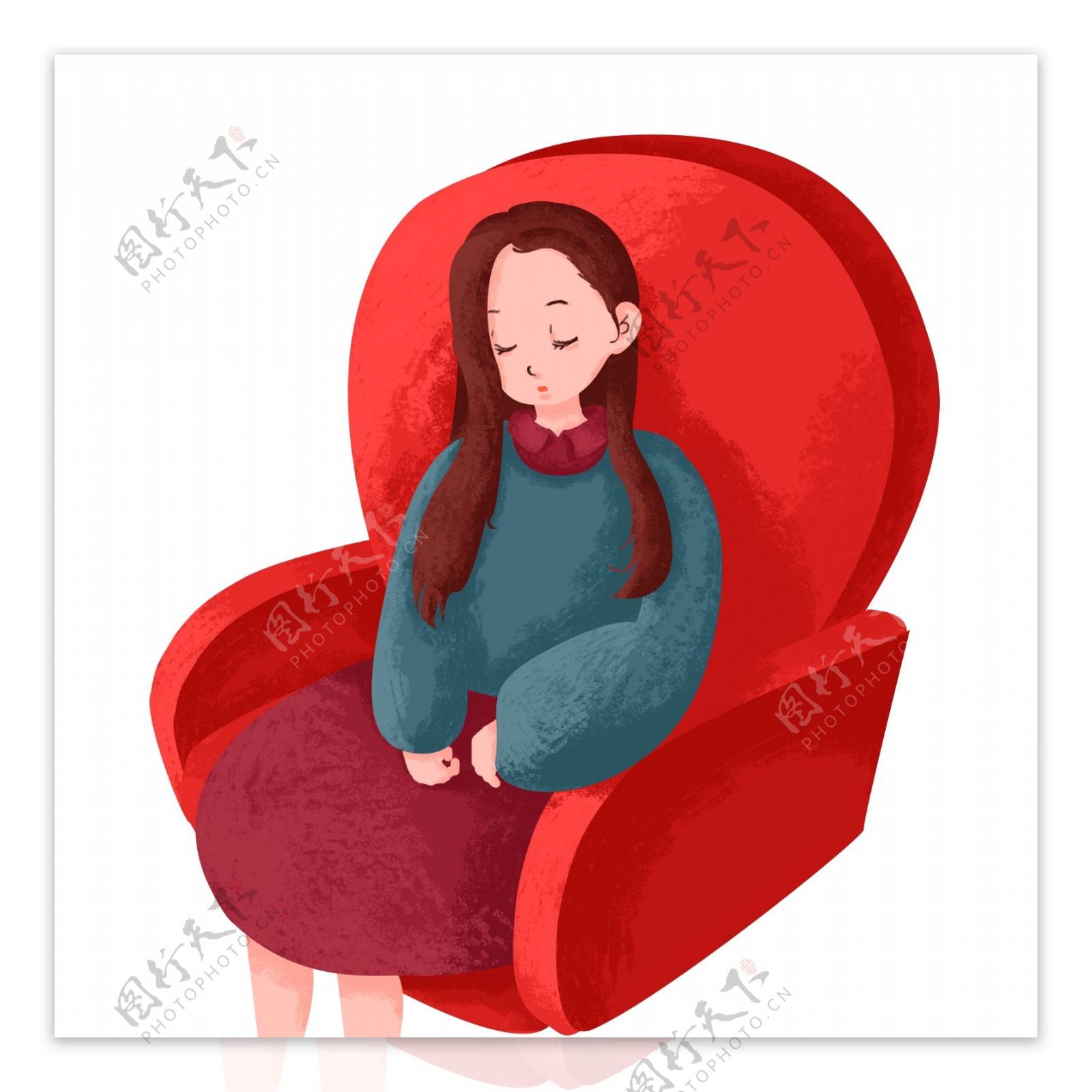 手绘卡通红沙发上睡觉的长发美女原创元素