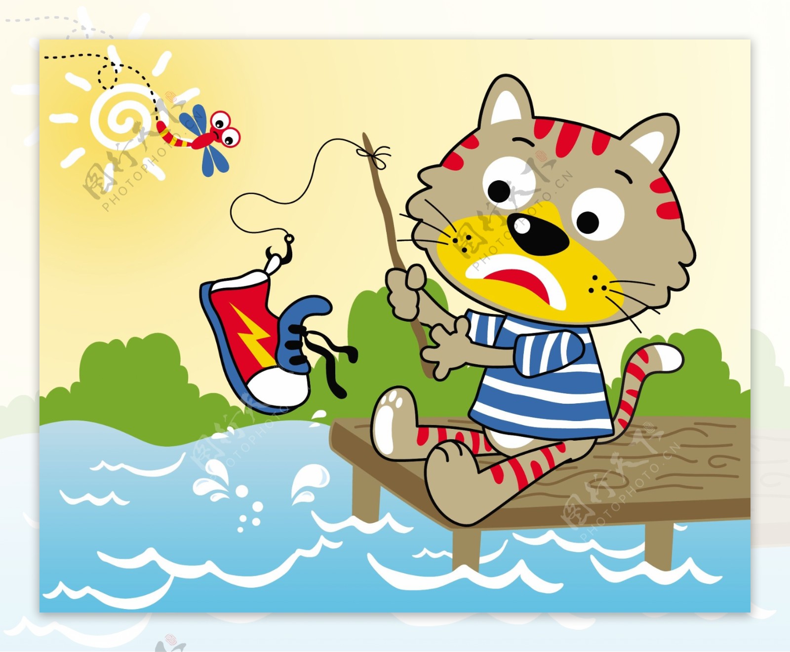 惊恐可爱小猫海边儿童插画