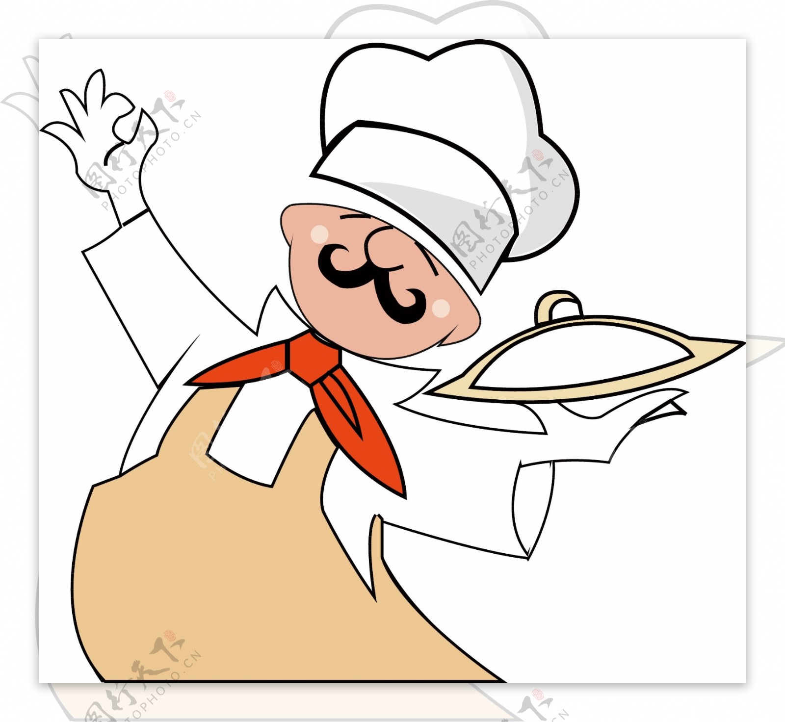 手绘卡通开心端盘子上菜的八字胡厨师