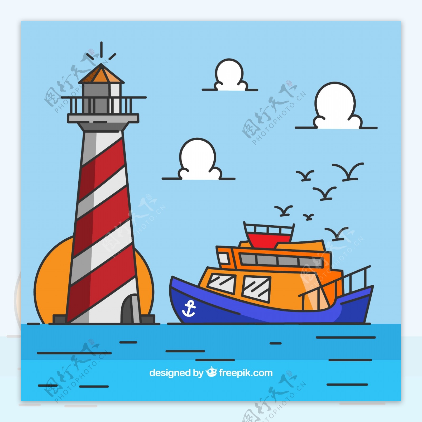 彩绘海上灯塔和船舶矢量素材
