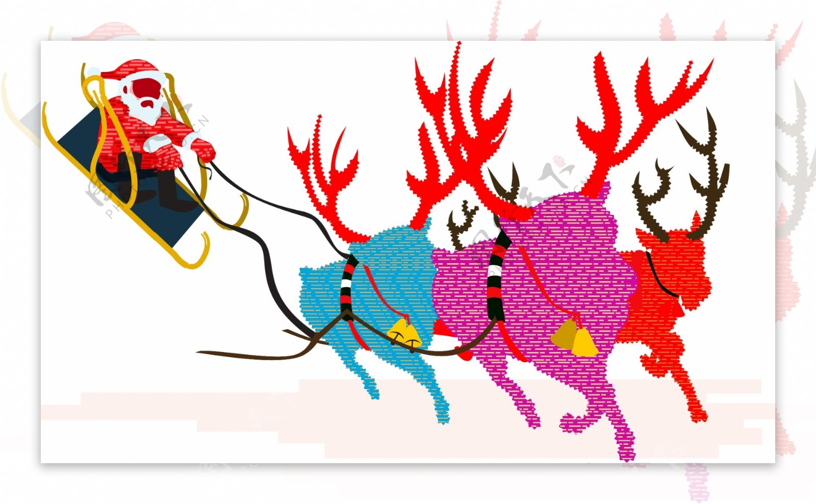 手绘圣诞节圣诞老人驾驶麋鹿拉的雪橇飞奔