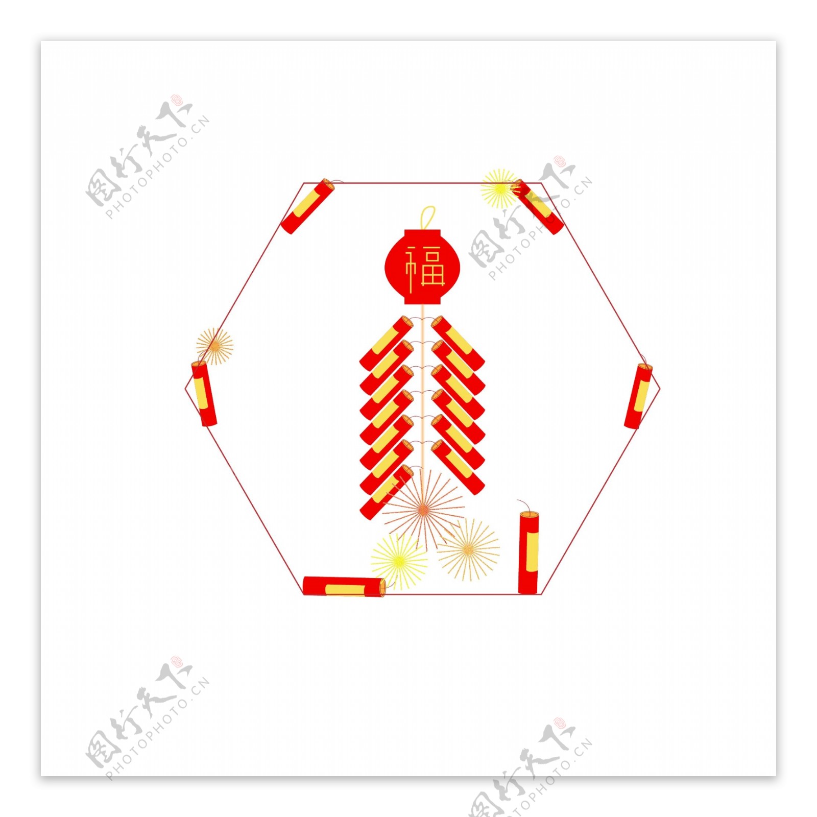 新年红黄喜庆祝福几何边框构图燃放鞭炮