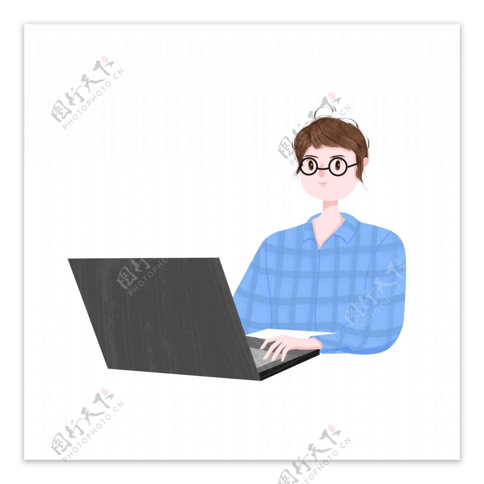 蓝色花格衬衣的女子电脑办公卡通元素