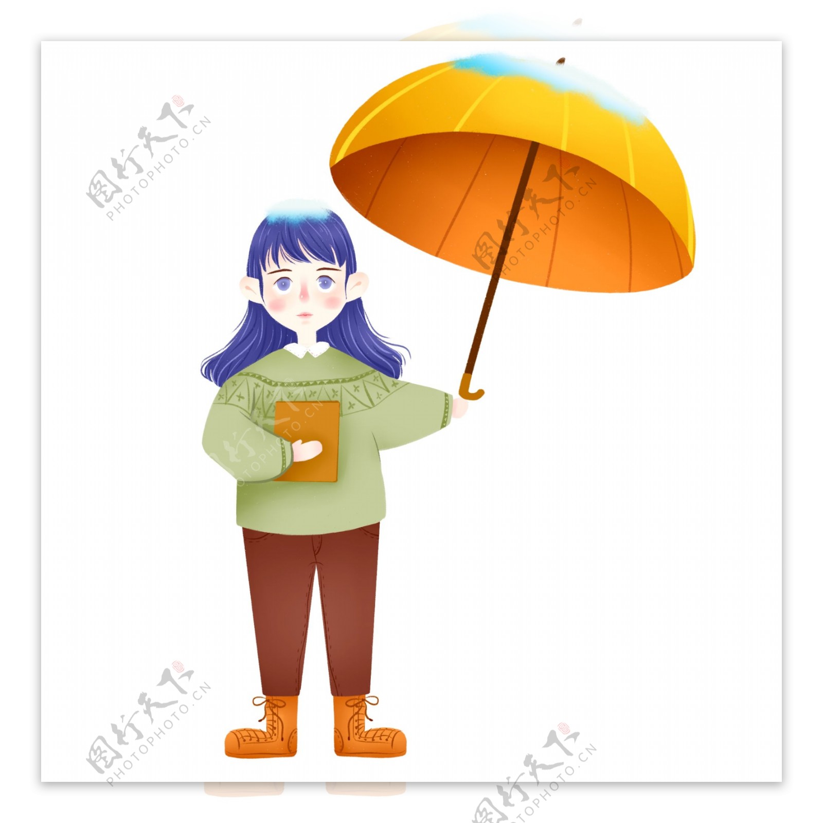 雪地里撑伞的女孩插画设计可商用元素