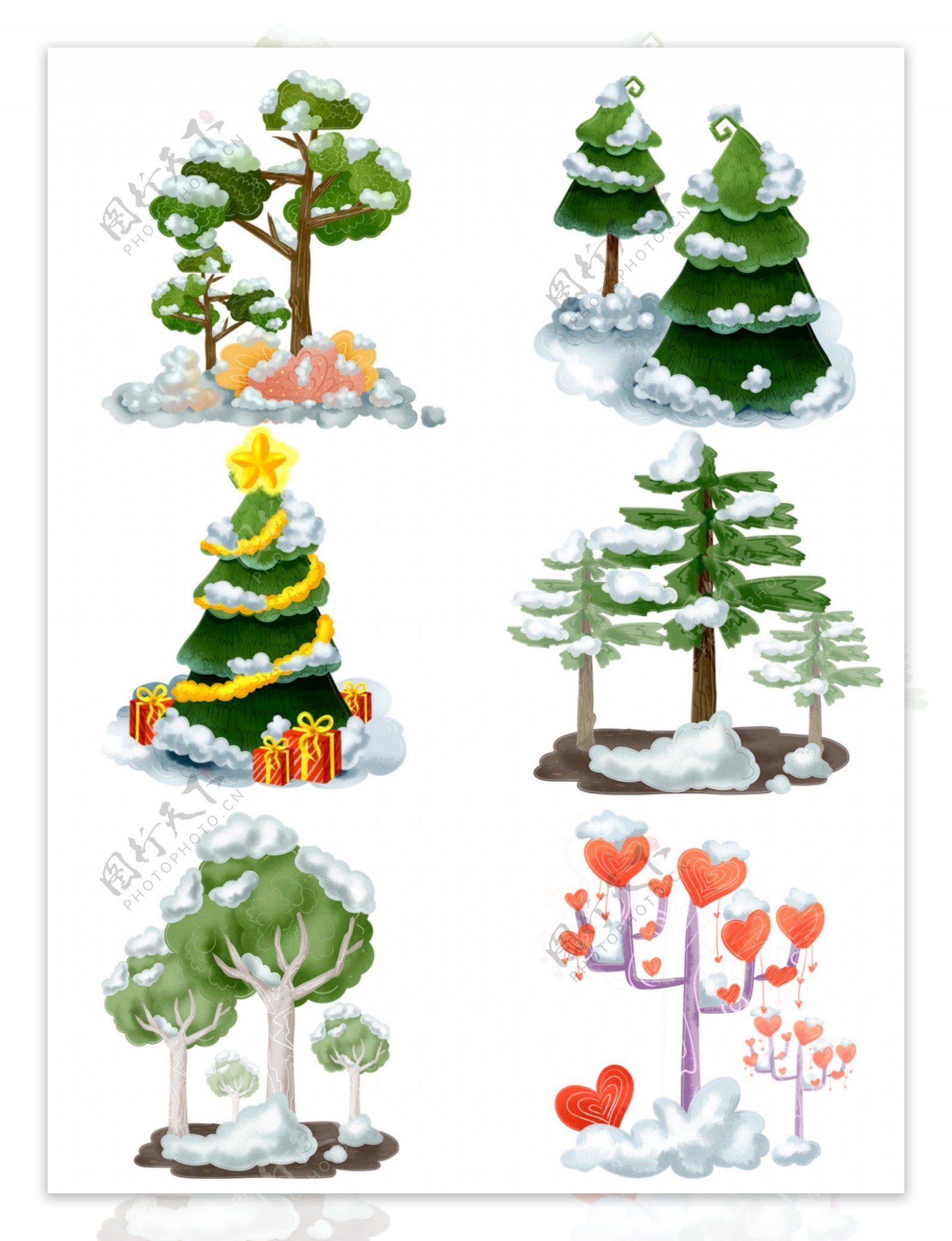商用手绘冬季下雪雪树圣诞节植物组合元素