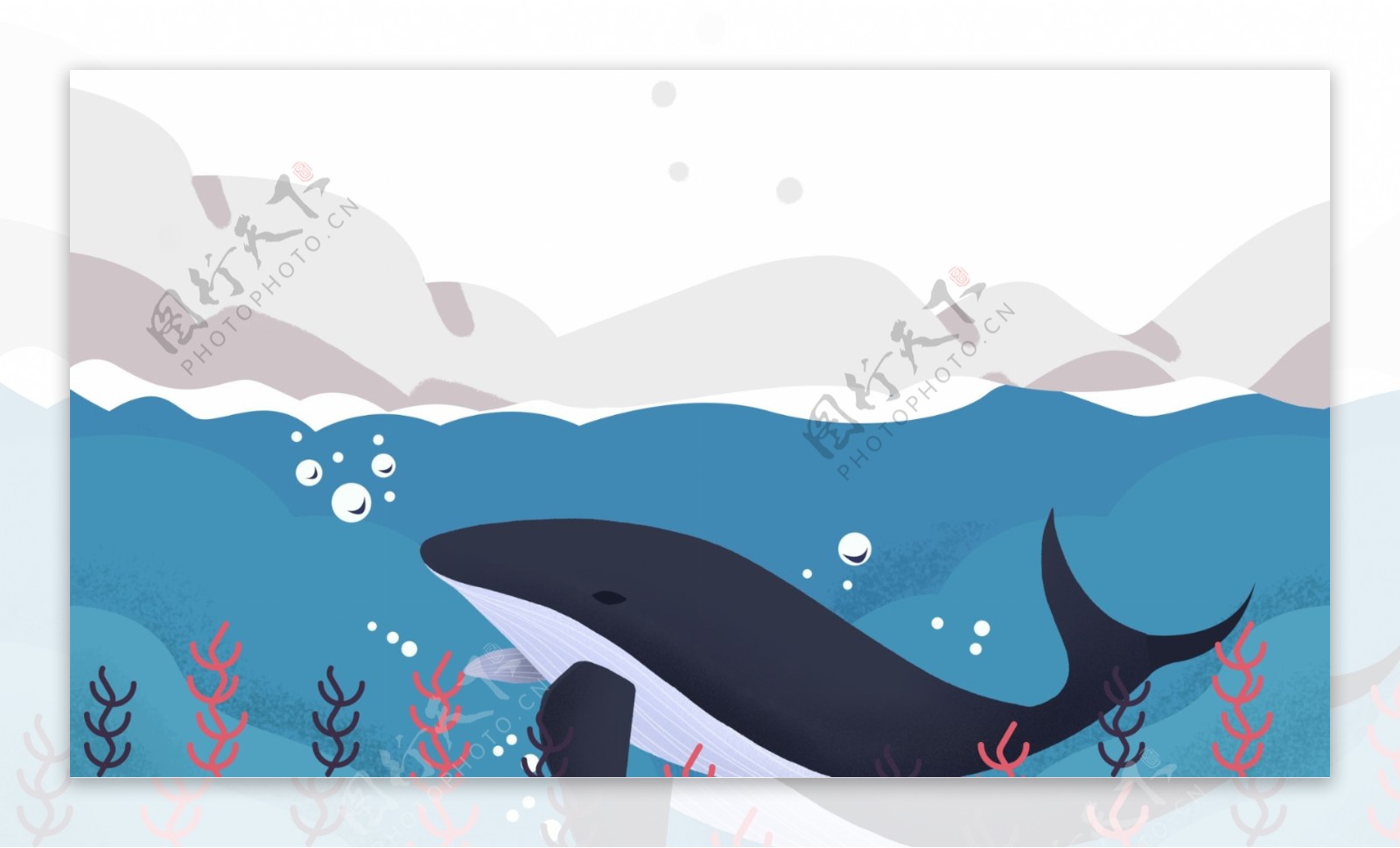 蓝色海洋中的鲸鱼山峰卡通背景