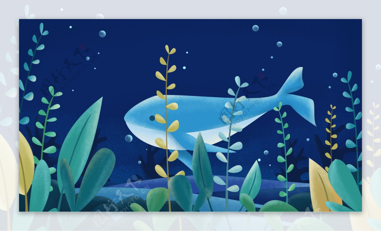 海洋中游泳的鲸鱼和水草卡通背景
