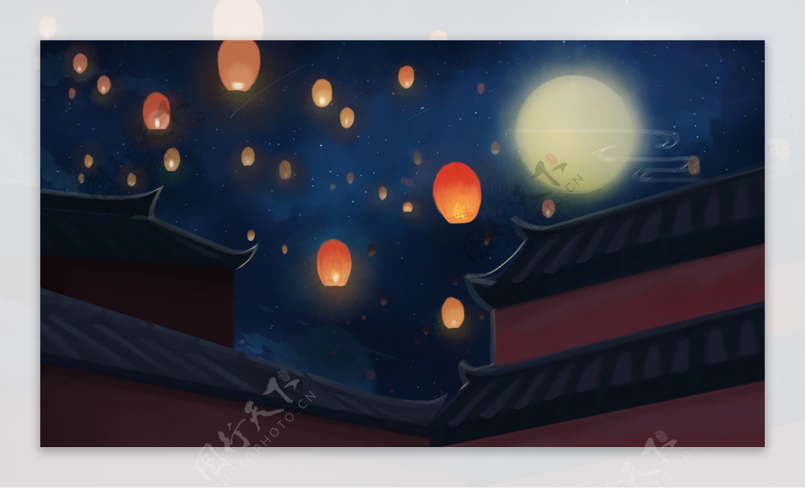 中秋月夜孔明灯背景手绘设计