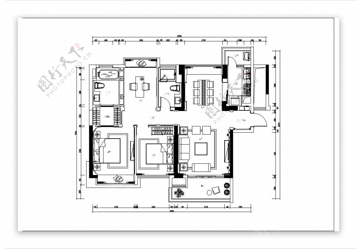 中式三室两厅平面图