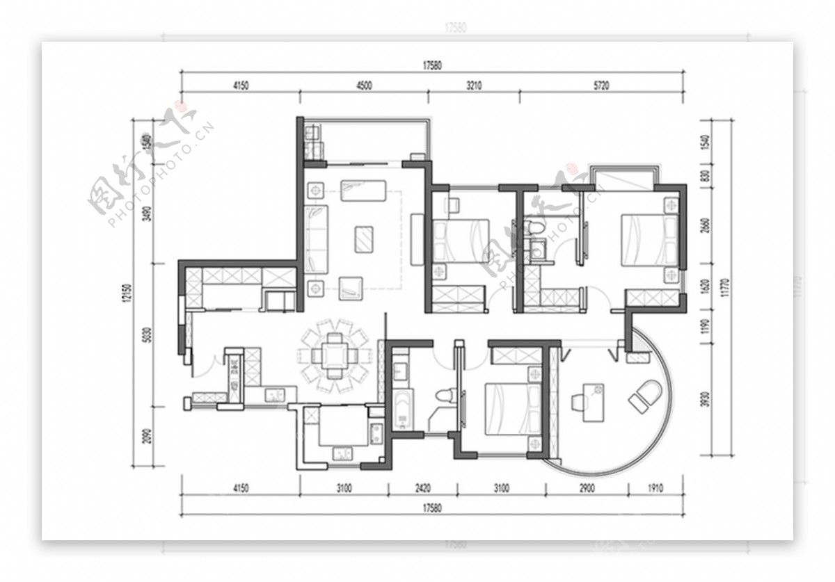 CAD四室两厅户型图纸方案