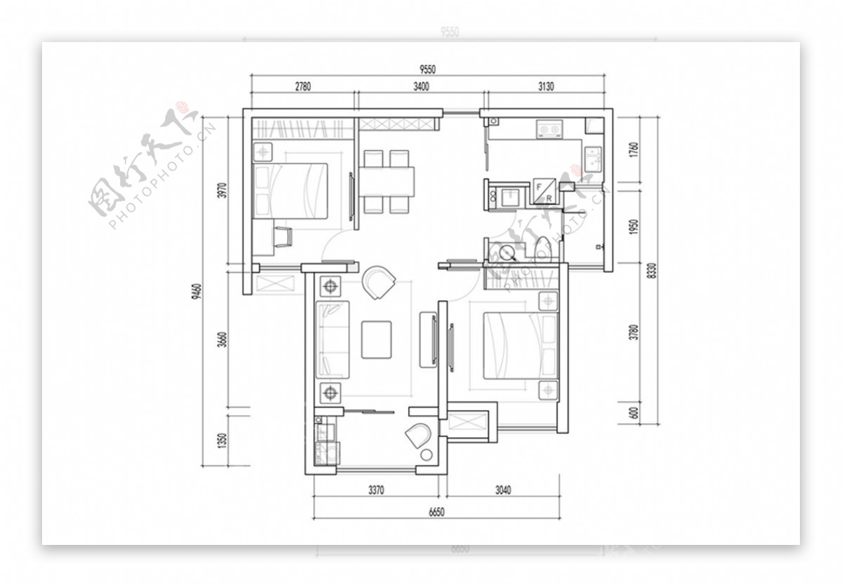 CAD两室一厅平面定制