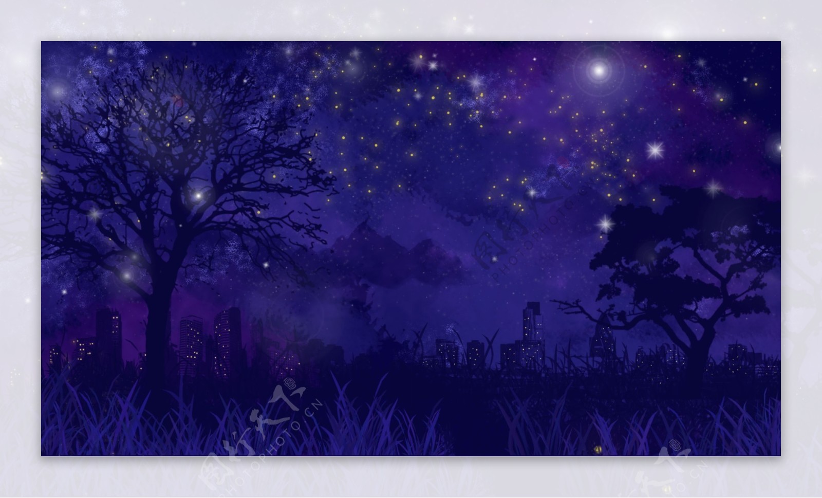 紫色浪漫树林夜晚插画背景设计