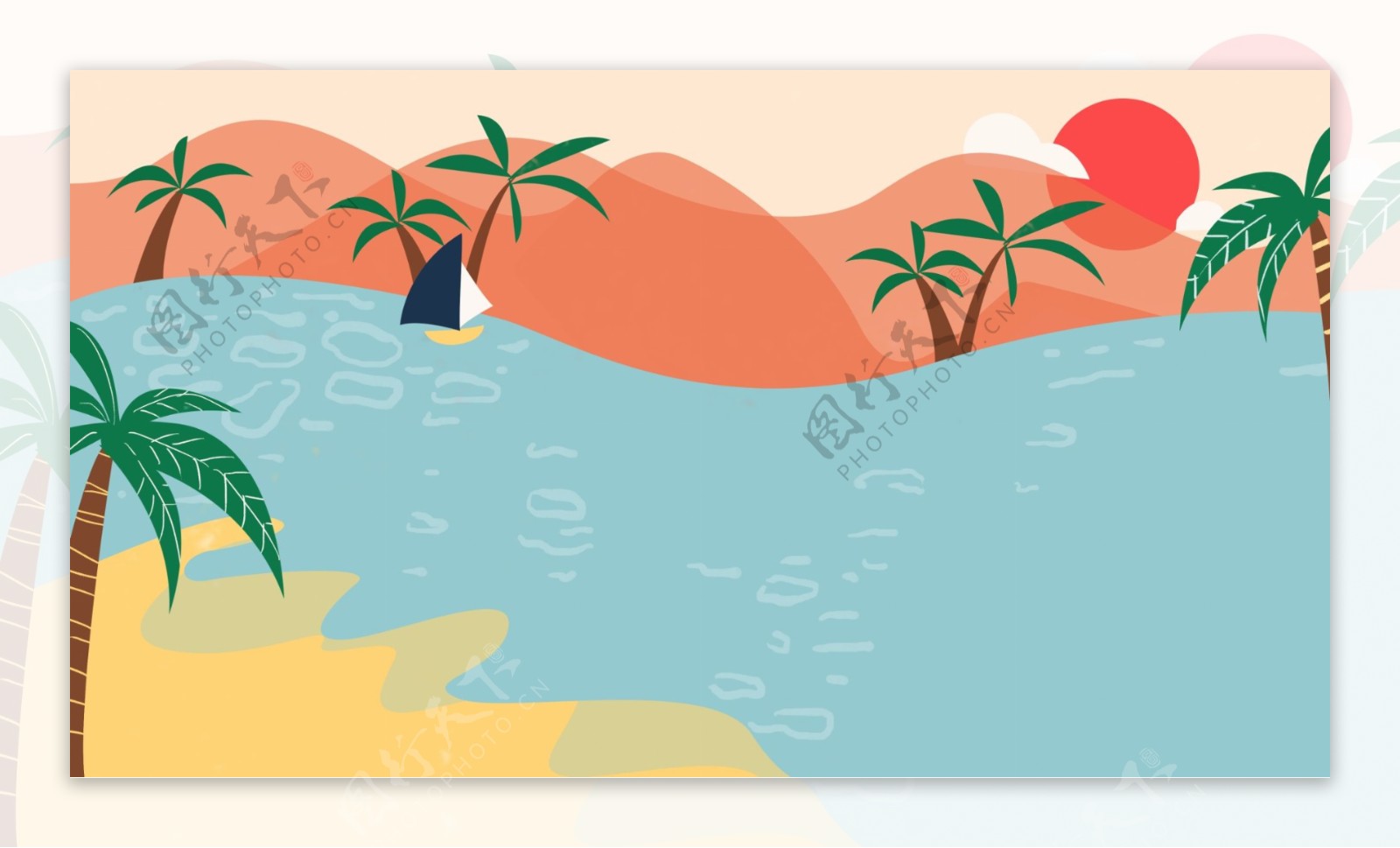 卡通彩色夏天海滩大海远山插画背景