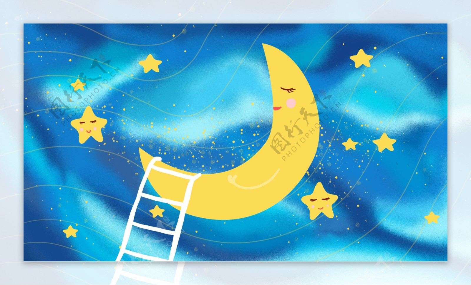晚安你好之月亮星星蓝色星空插画背景