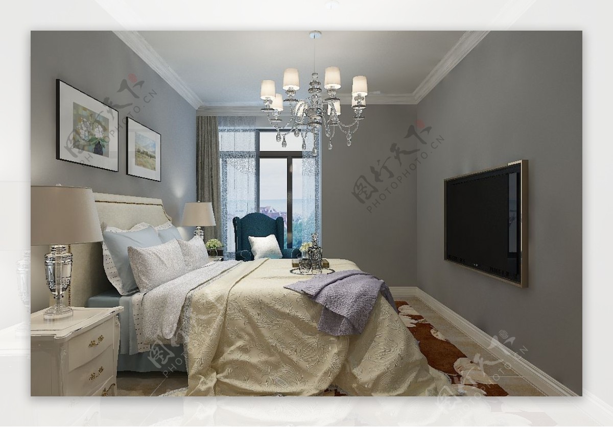 现代欧式效果图模型卧室空间