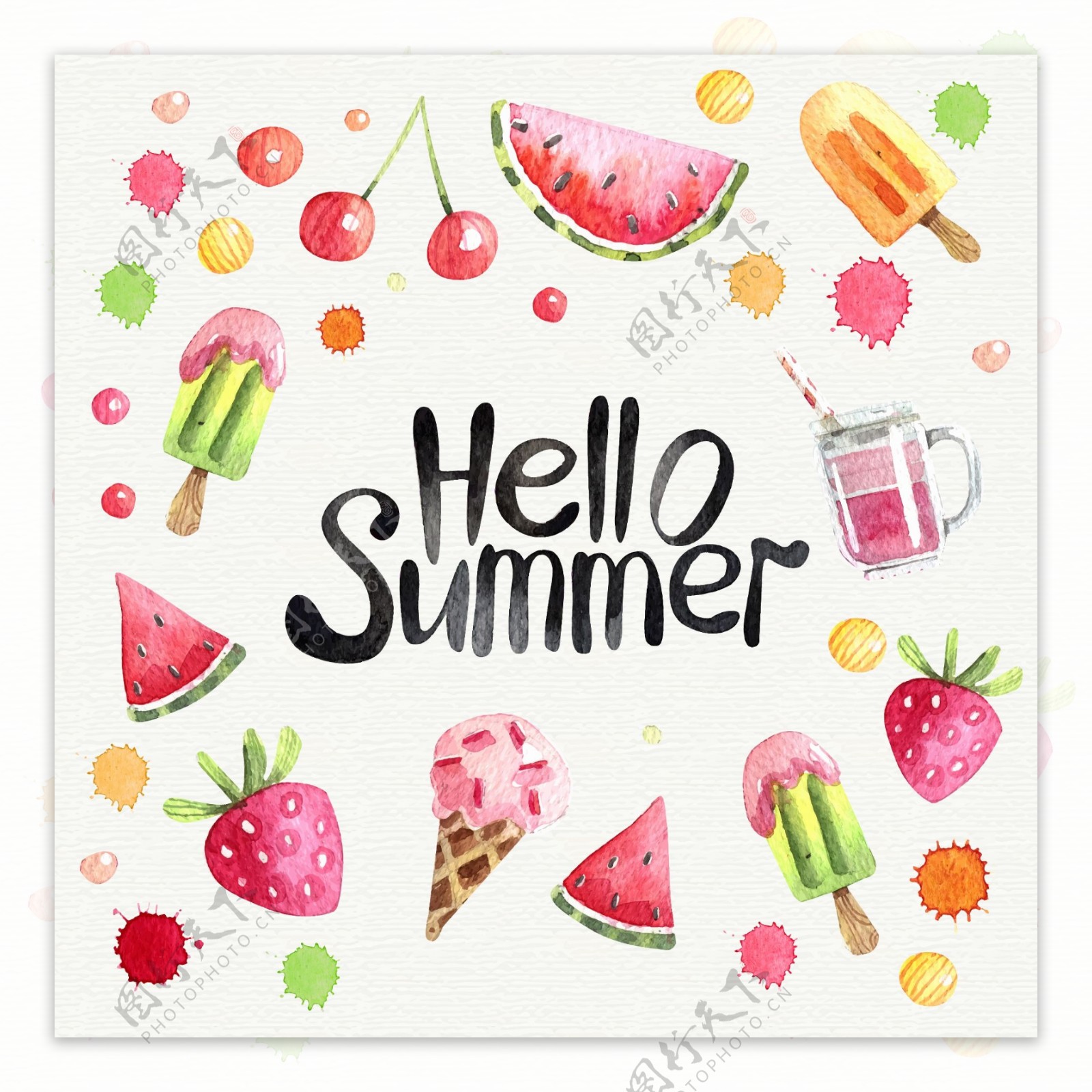 水彩绘夏天冰淇淋和水果背景