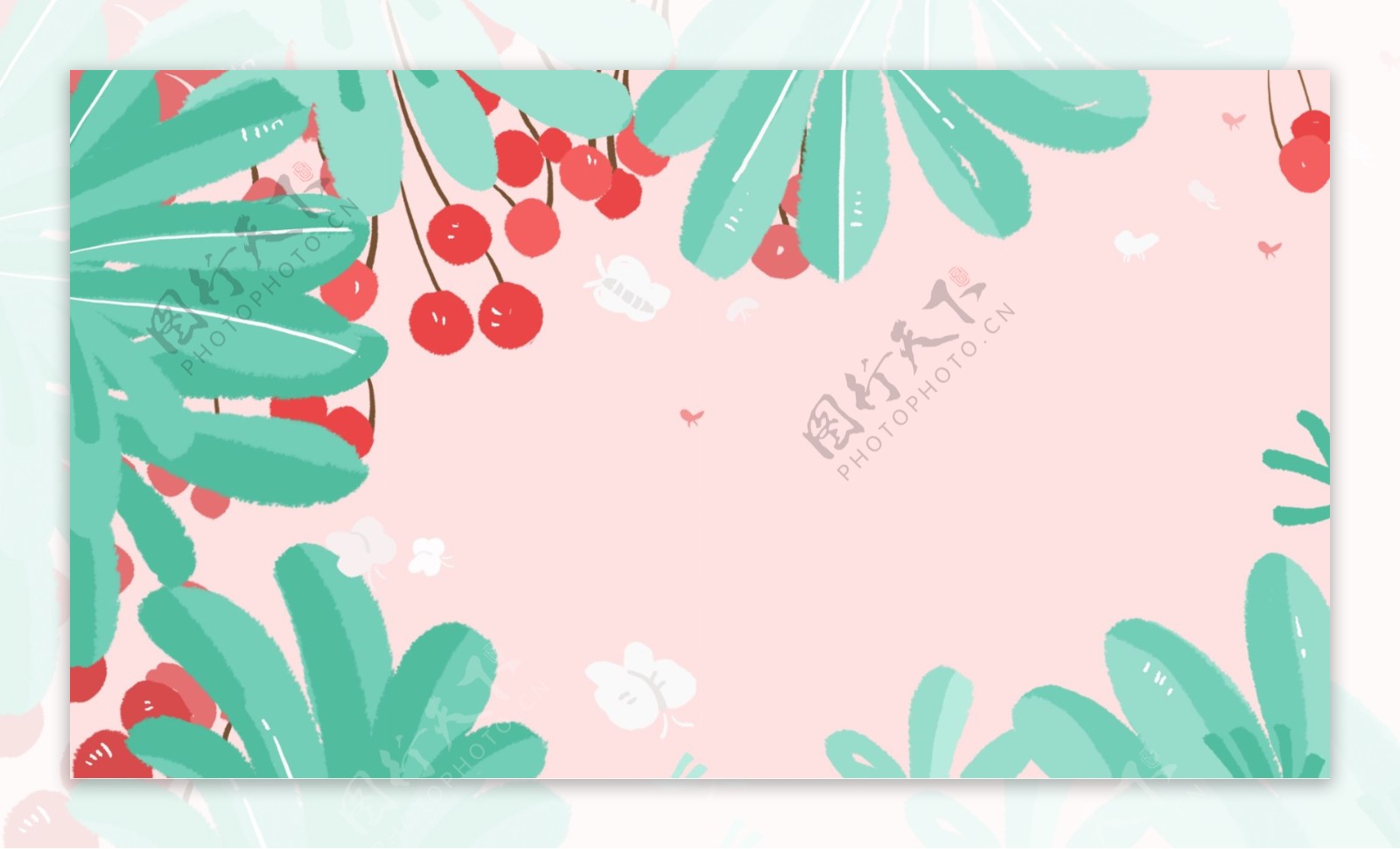 彩绘樱桃树叶banner背景设计