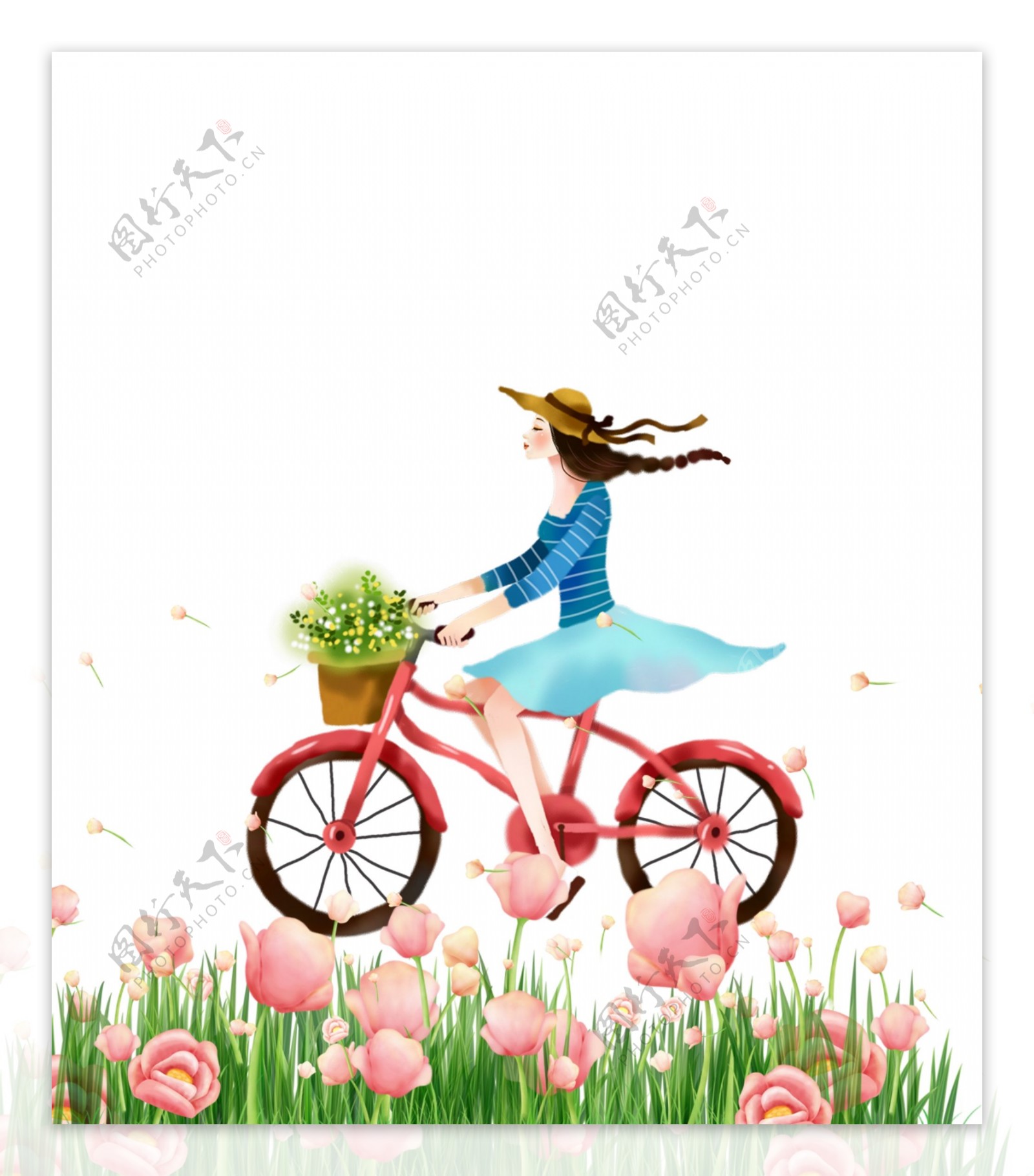 手绘小女孩在花丛中骑车元素