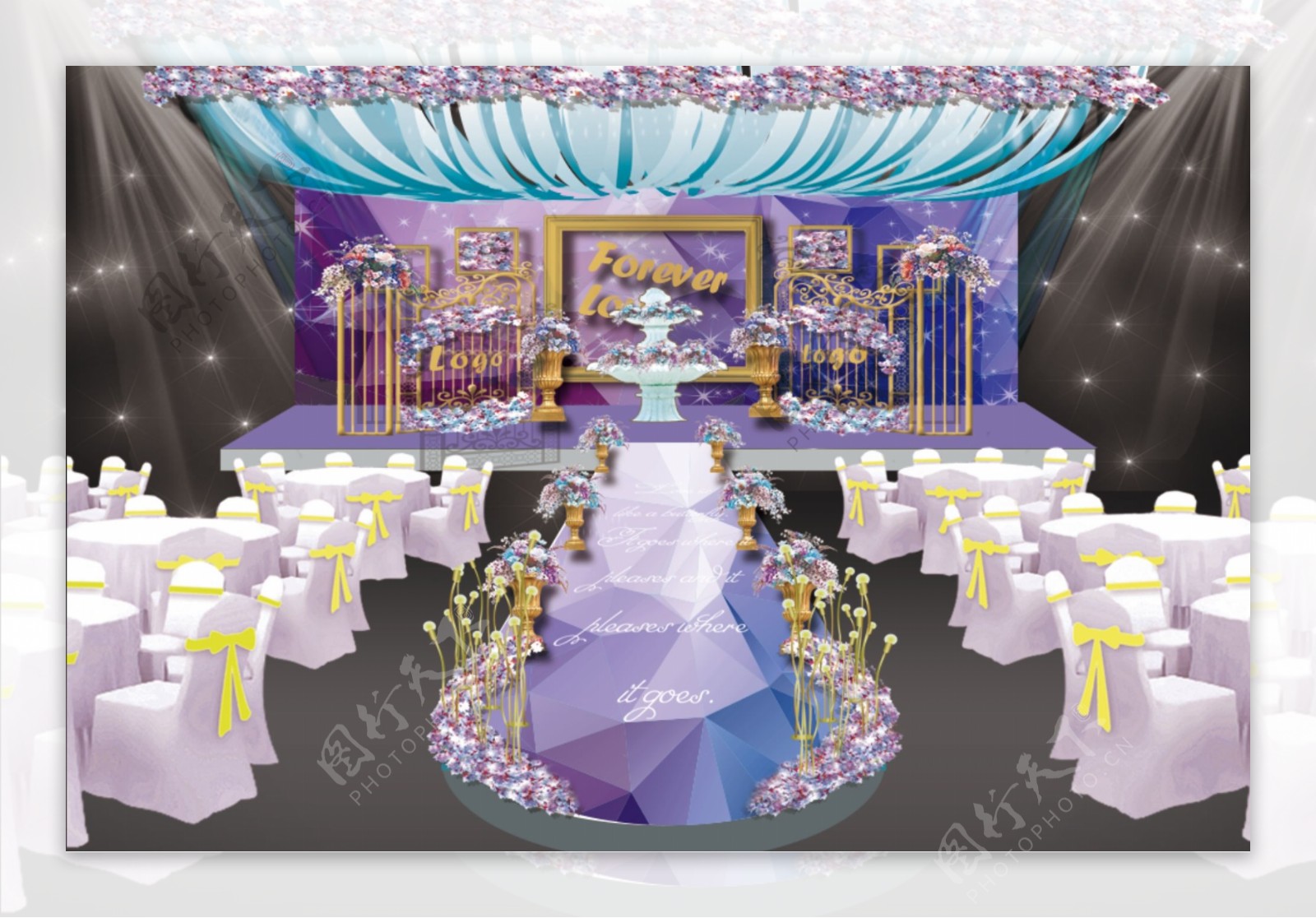 紫色婚礼主舞台梦幻婚礼效果图