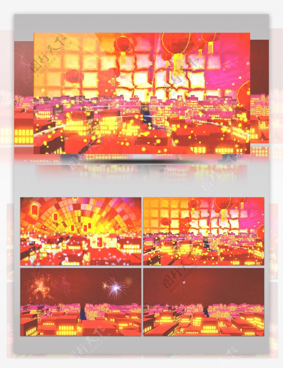 红火热闹喜庆城市卡通方块楼大红灯笼上升