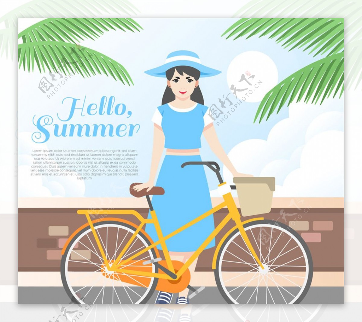 夏季海边度假女孩和单车矢量素材
