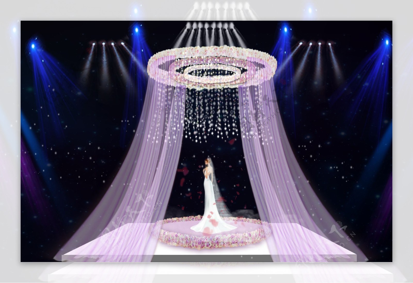 粉色系富士山造型印花纱幔金框婚礼效果图图片素材-编号29964746-图行天下