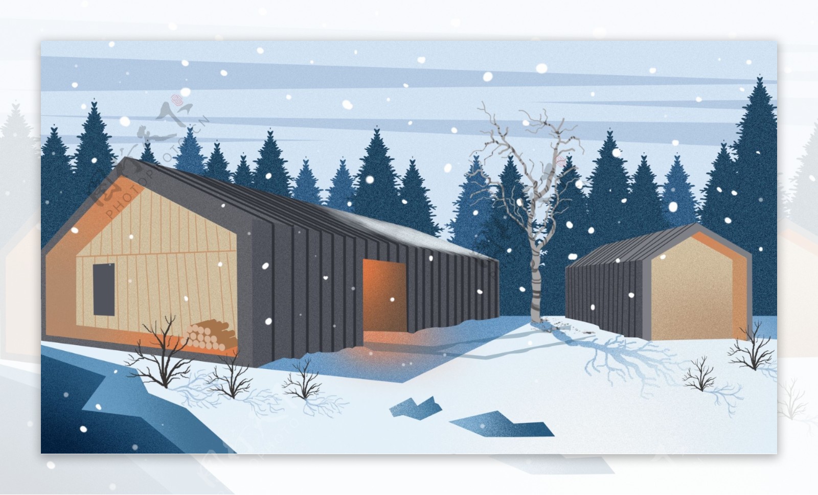 美丽村庄雪景手绘背景设计