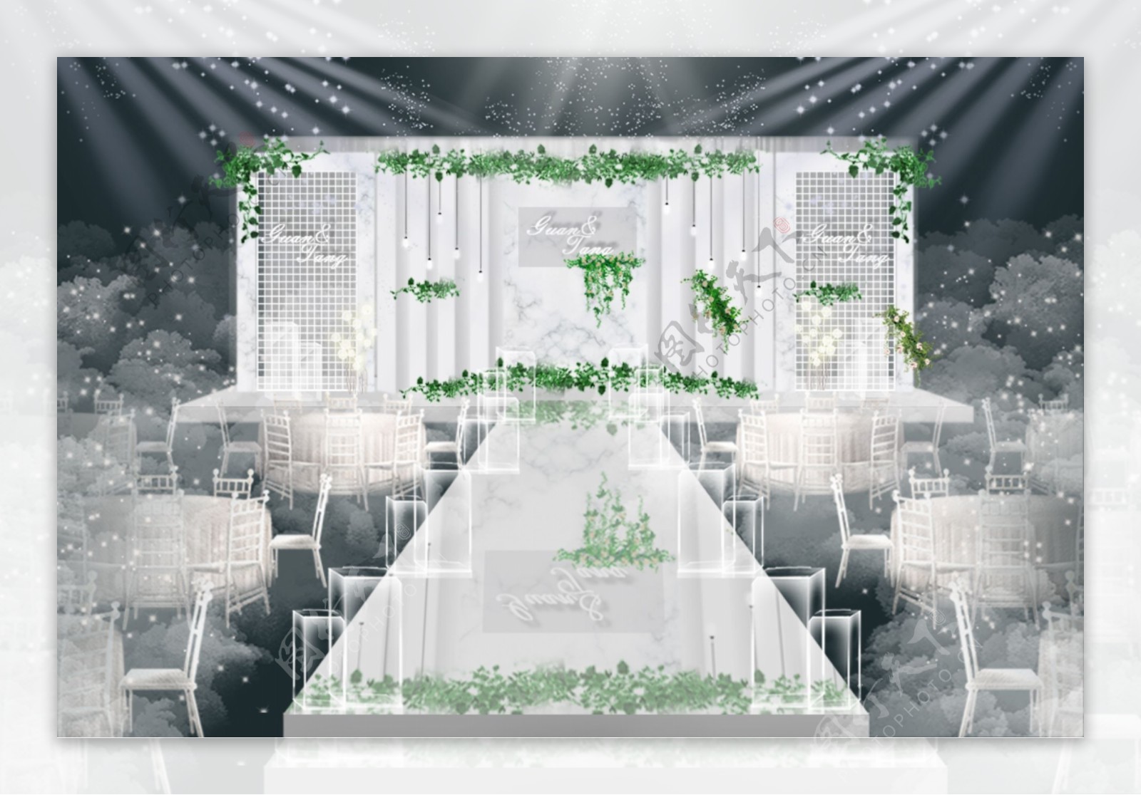 白绿小清新大理石纹婚礼主舞台效果图
