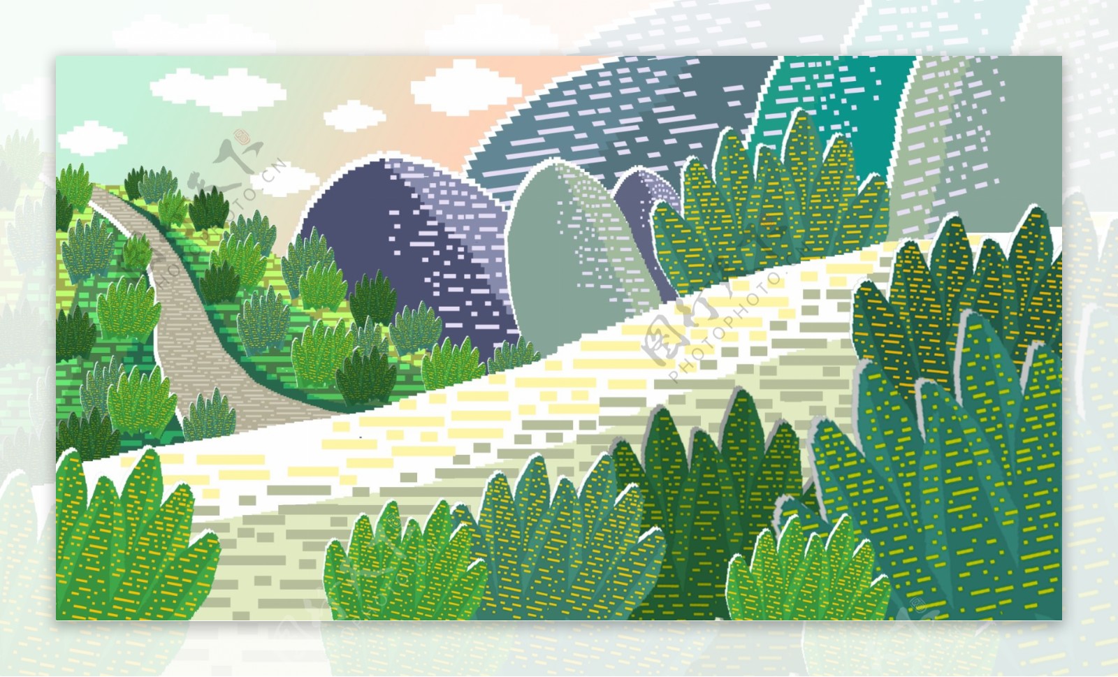 像素化手绘山路植物背景设计