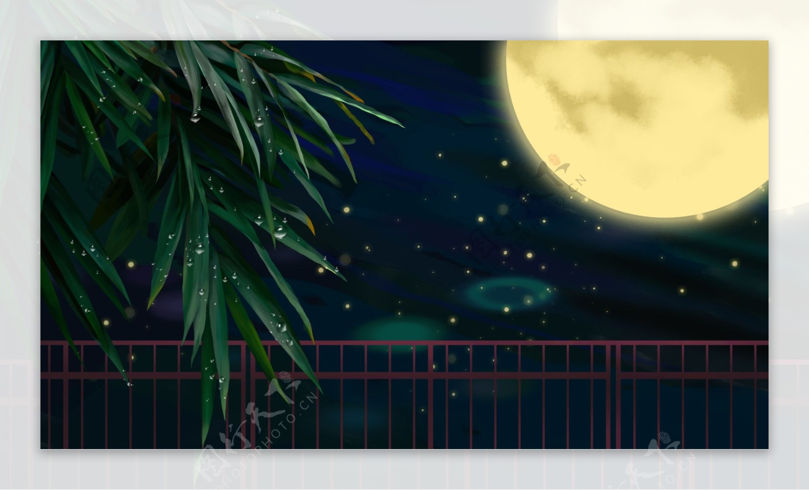 圆月星空下的竹子栅栏背景素材