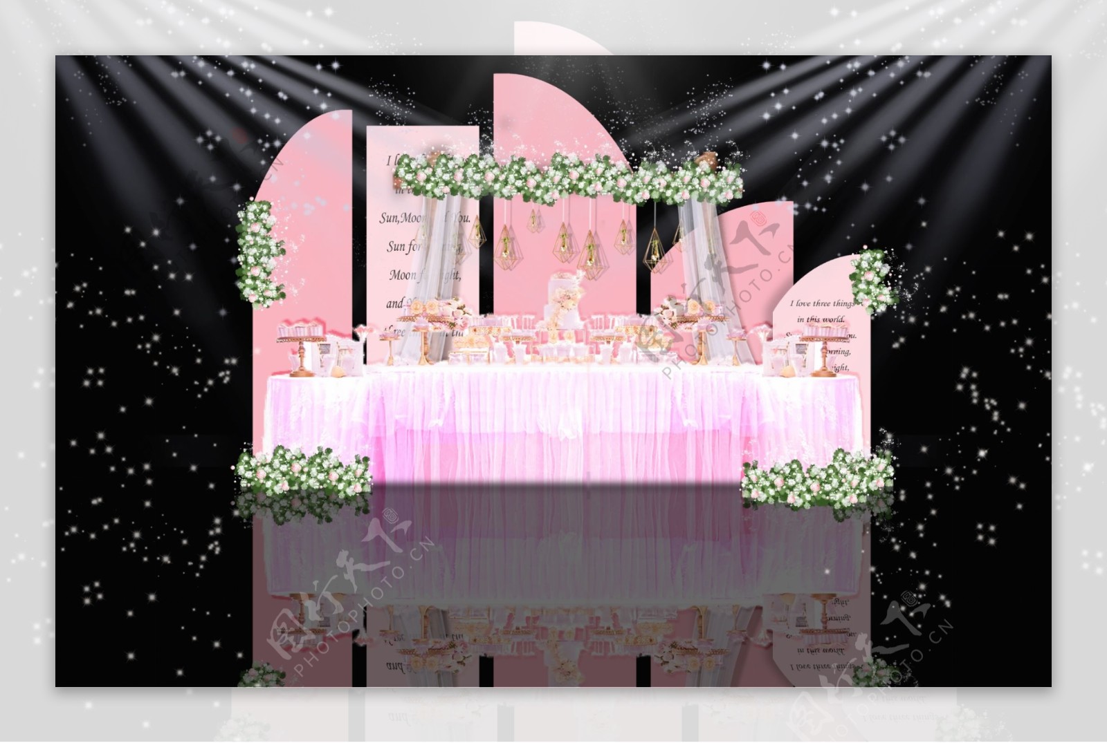 白粉色系婚礼迎宾区甜品区效果图