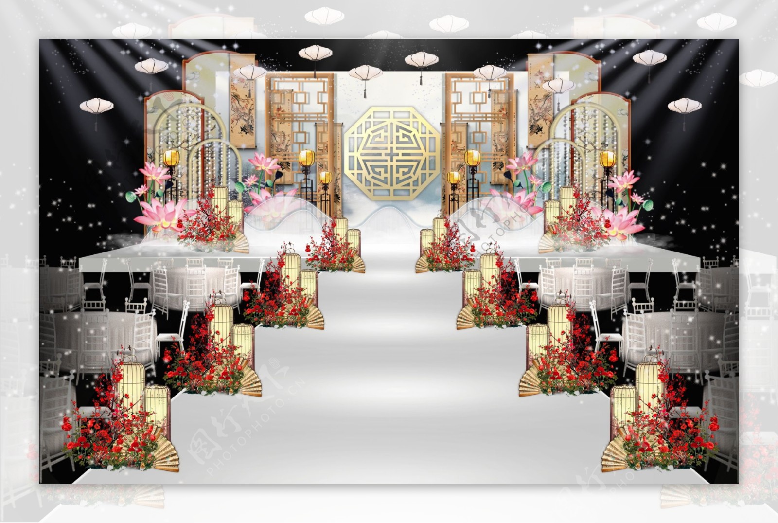 香槟色系中国风新中式江南风婚礼舞台效果图