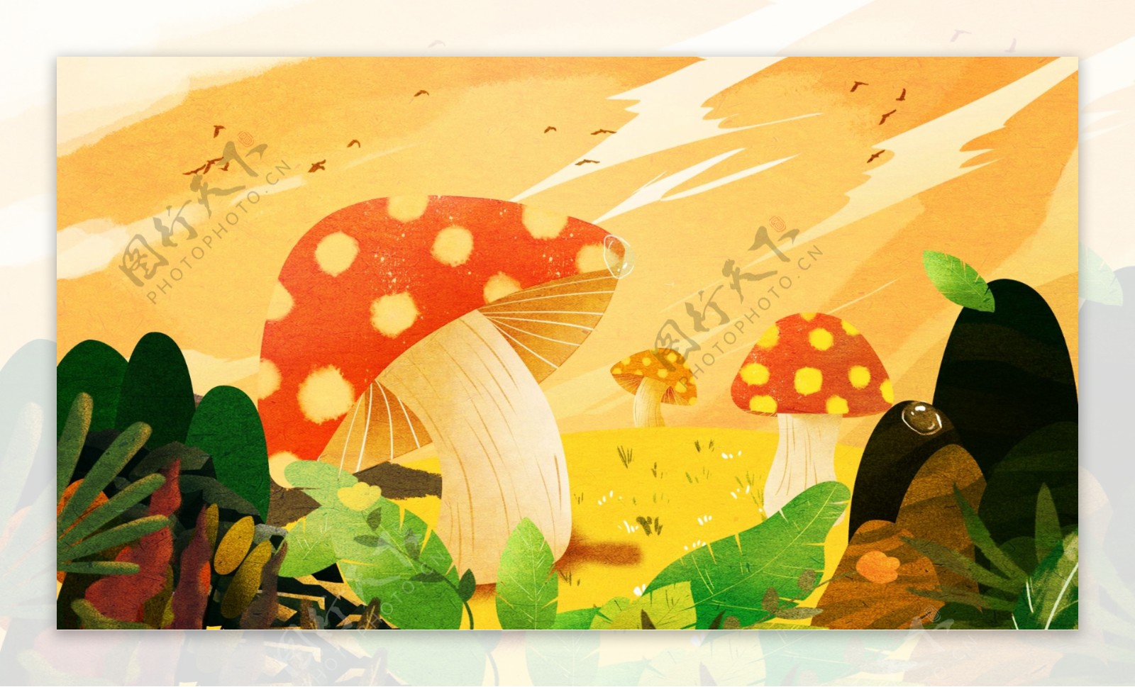 彩绘童话风蘑菇草地背景设计