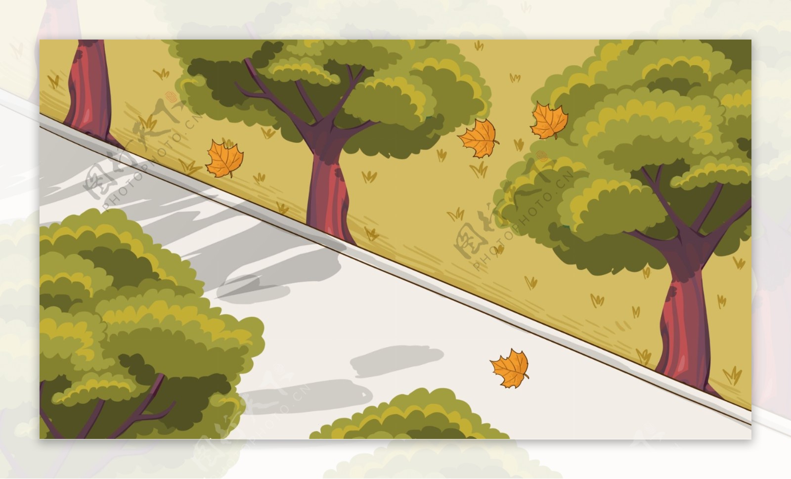 道路两边的绿树卡通背景