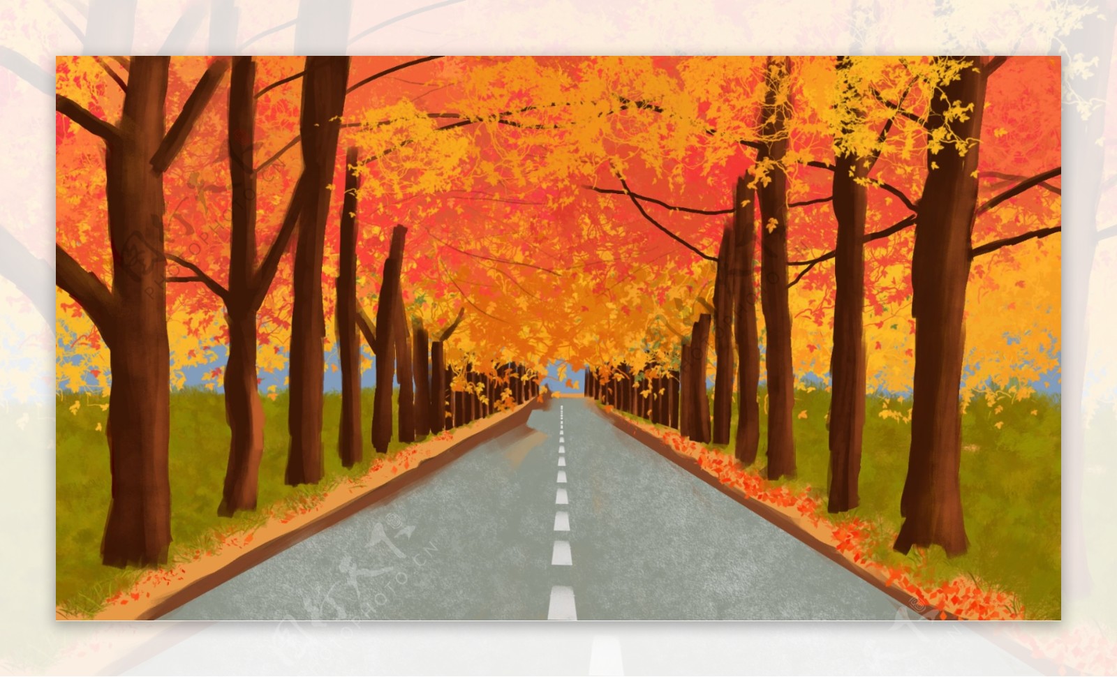 公路两边的红色叶子树木卡通背景