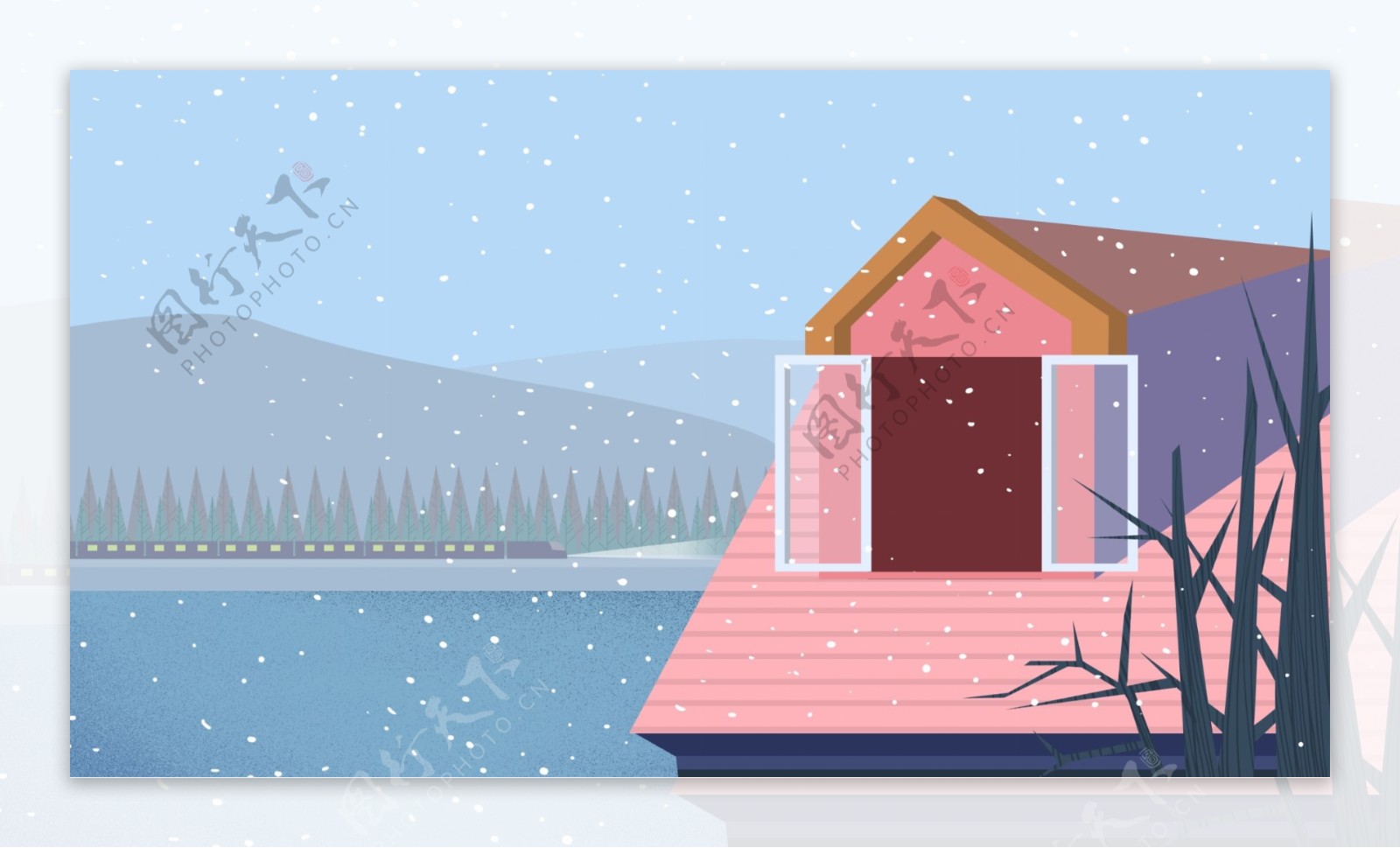 清新卡通房子雪景背景设计