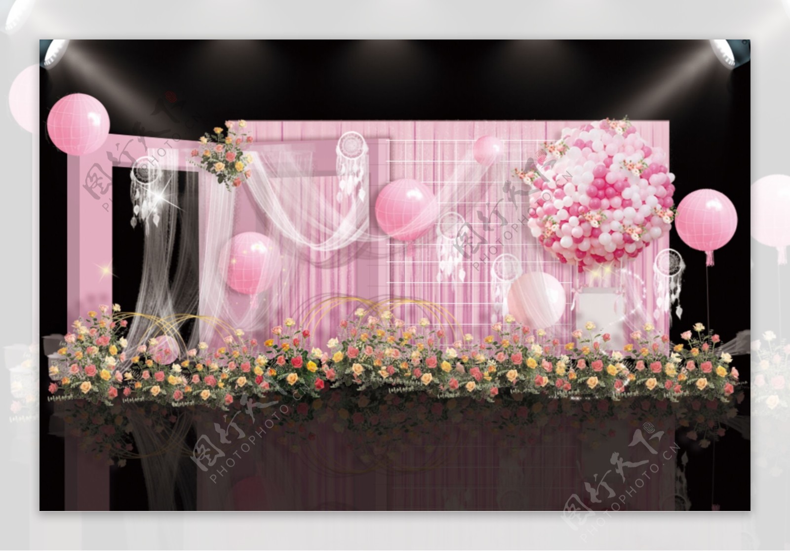 粉色热气球婚礼迎宾区合影区效果图