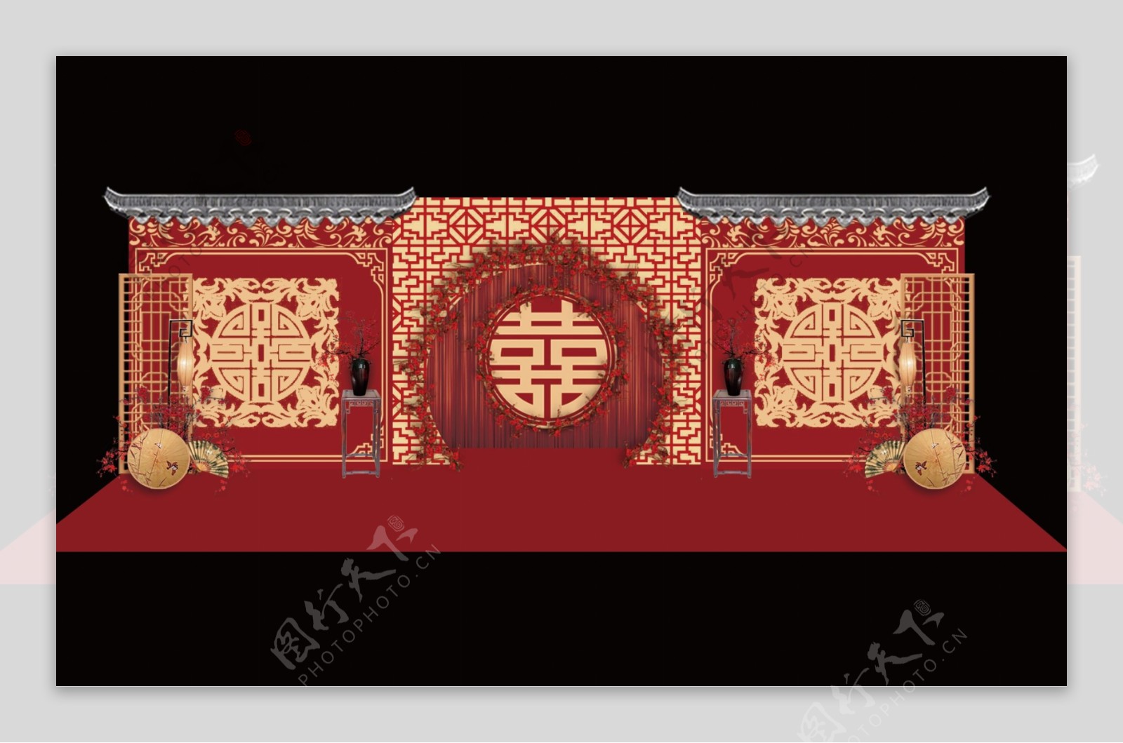 中国风红色中式传统婚礼迎宾工装效果图